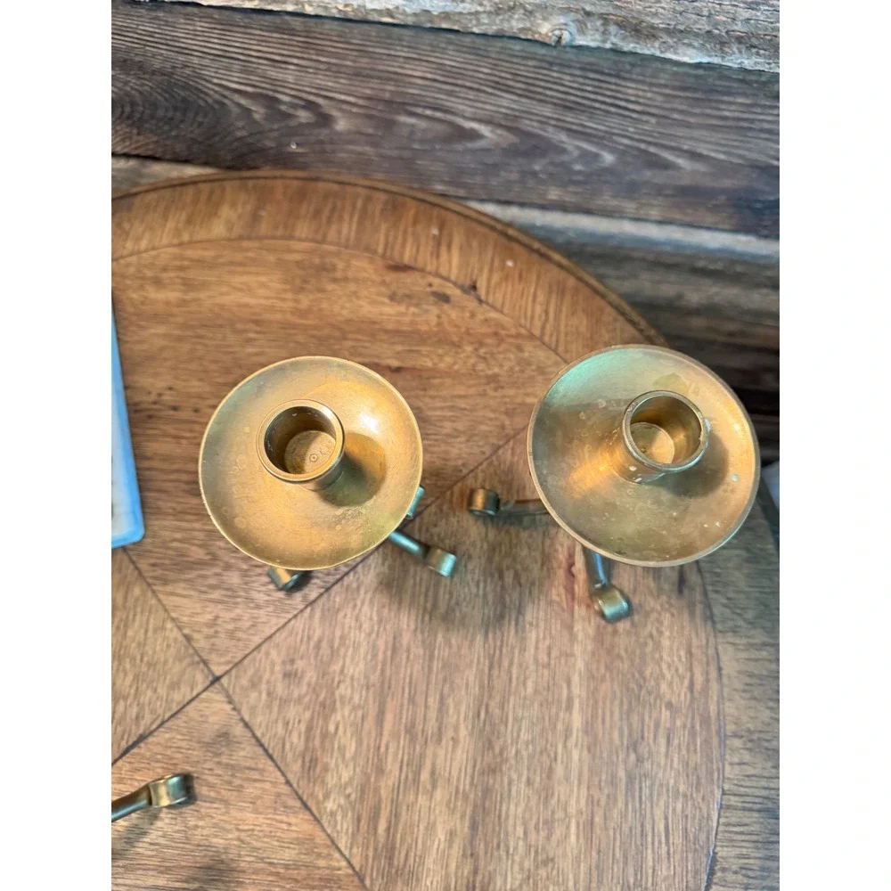 Vintage Brass Tripod Candle Holders  3Pair Brutalist Wire Wrapped Taper Stick